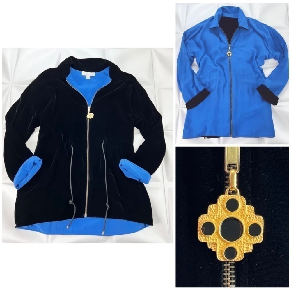 Worth Womens Sz S Black Velvet Blue Silk REVERSIBLE Drawstring Oversized Jacket